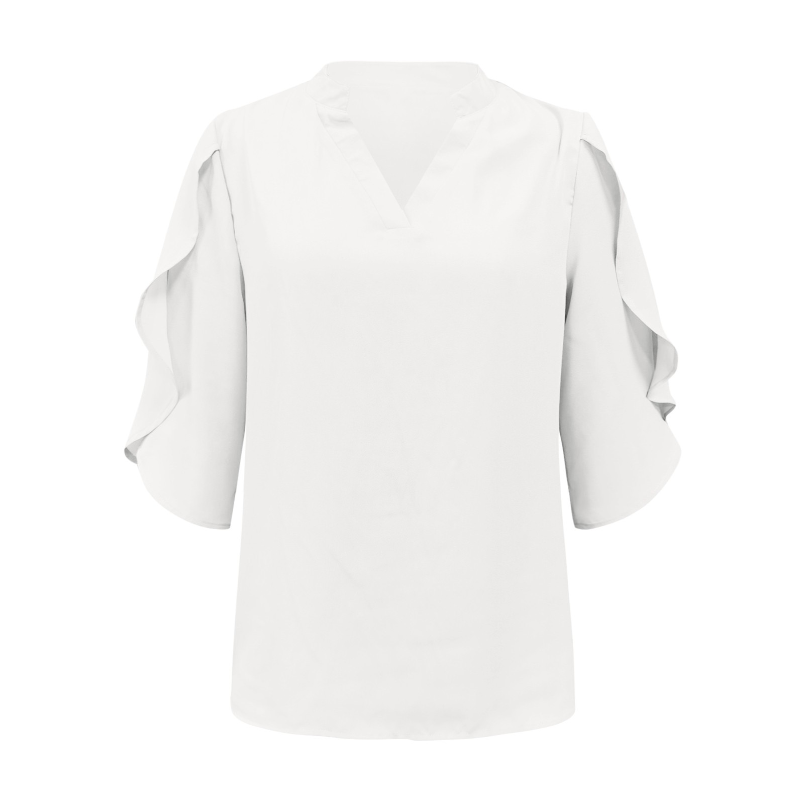 thumbnail image 4 of Nuevos tops de manga petal para mujer: blusa holgada de gasa con cuello en V y detalles plisados, mangas tres cuartos para el trabajo en verano o salidas informales., 4 of 5